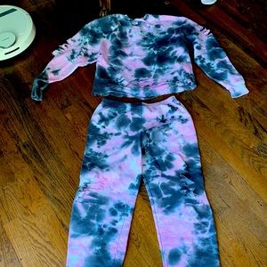 Gray & pink tie-dye light-weight ripped sweat suit